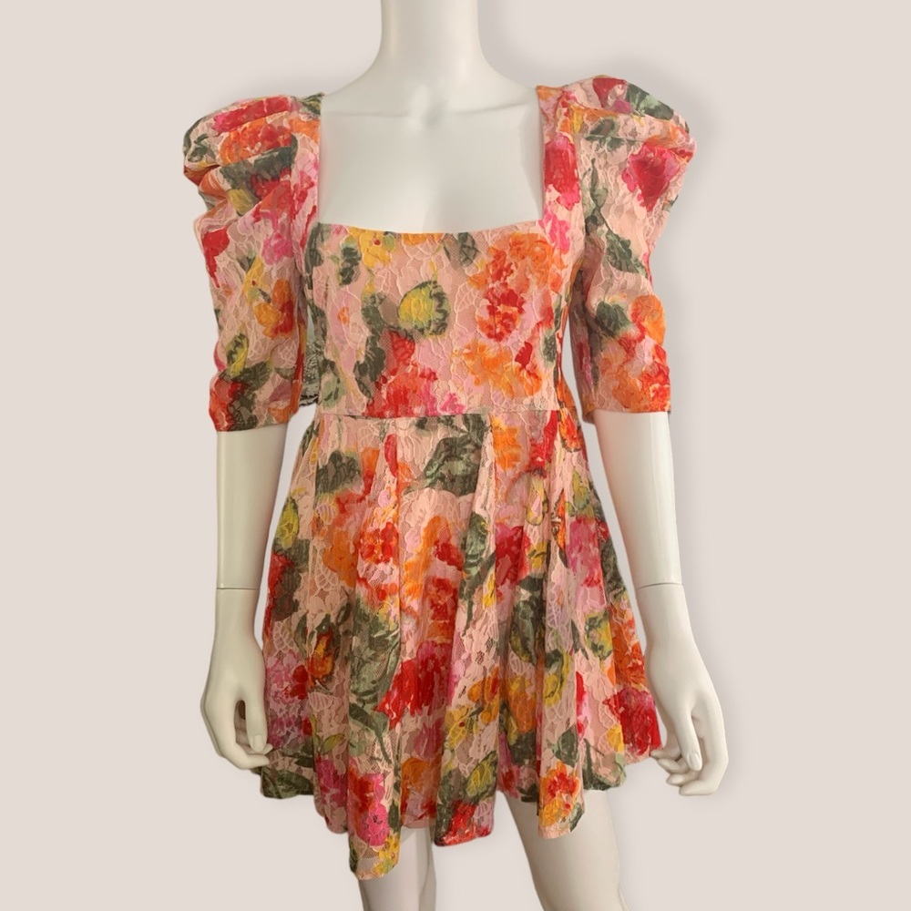 For Love & Lemons Dascha Puff Sleeve Mini Dress Floral Lace Size L